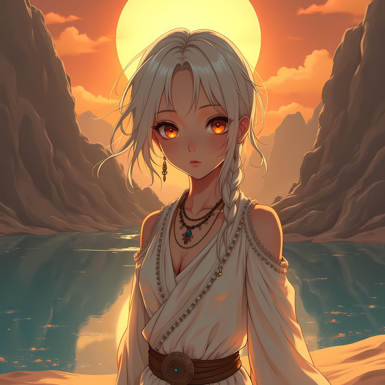 Anime Goddess Radiates Cuteness in Desert Oasis