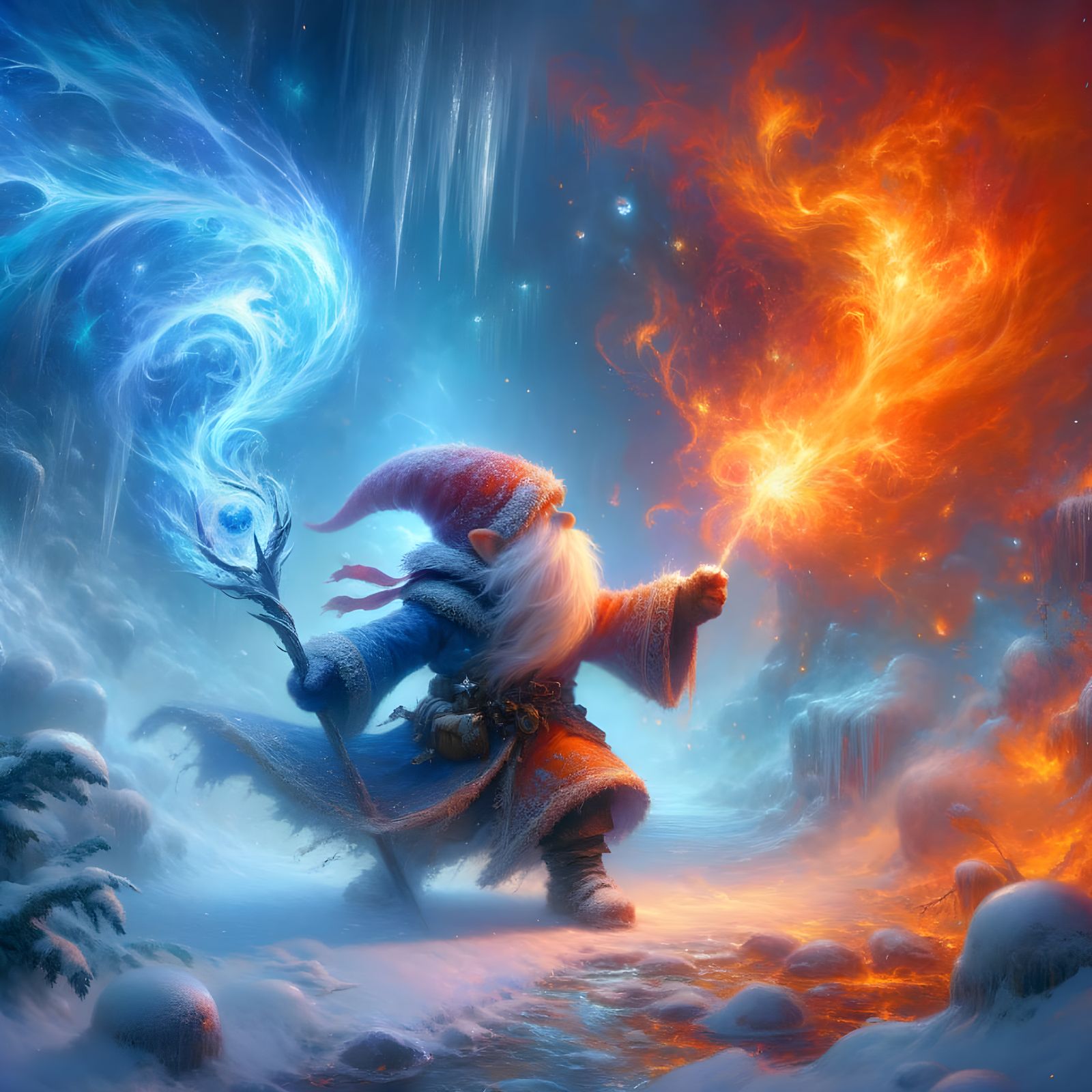 Gnome Mage Casts Frostfire Spell in Fantasy Art
