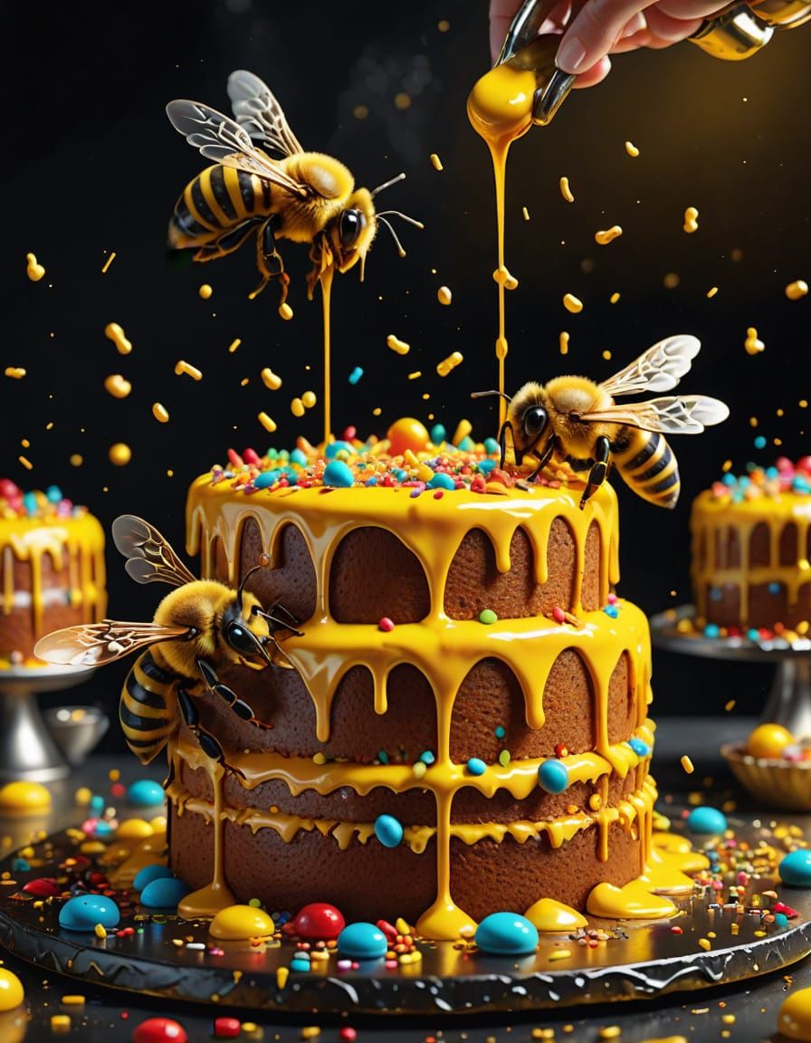 🐝🍰Some chef bees, decorating a delicious honey cake!