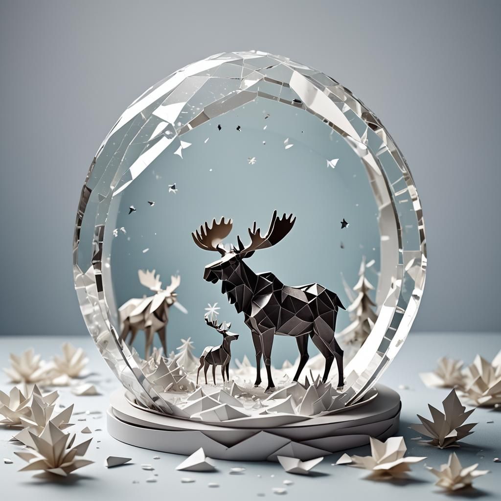 Shattered Snow Globe with Moose Origami