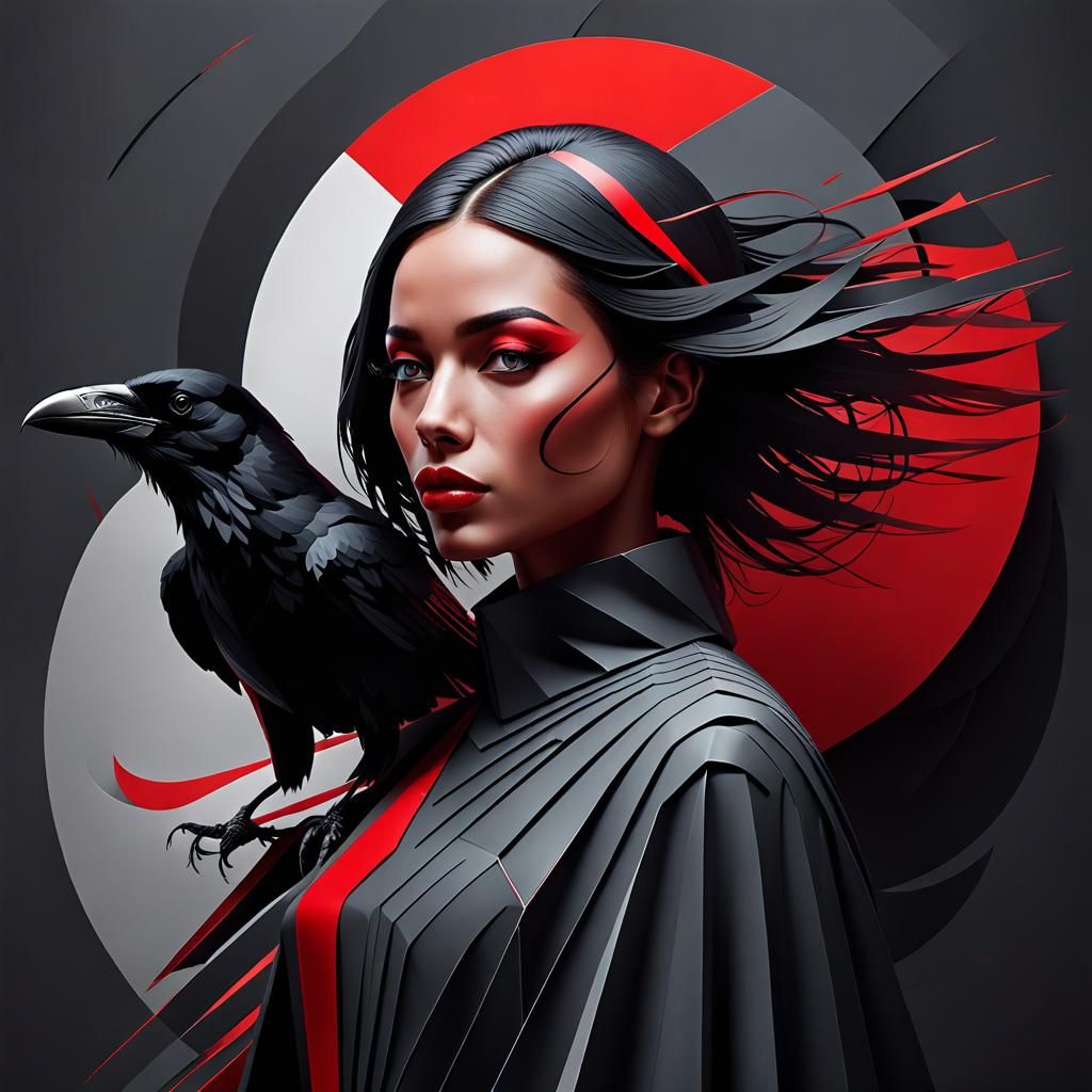 Girl and Raven 2D Illustration in Abstract Style