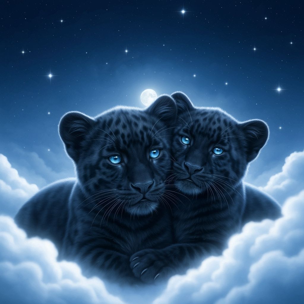 Two Panther Cubs Cuddle Under Starry Night Sky