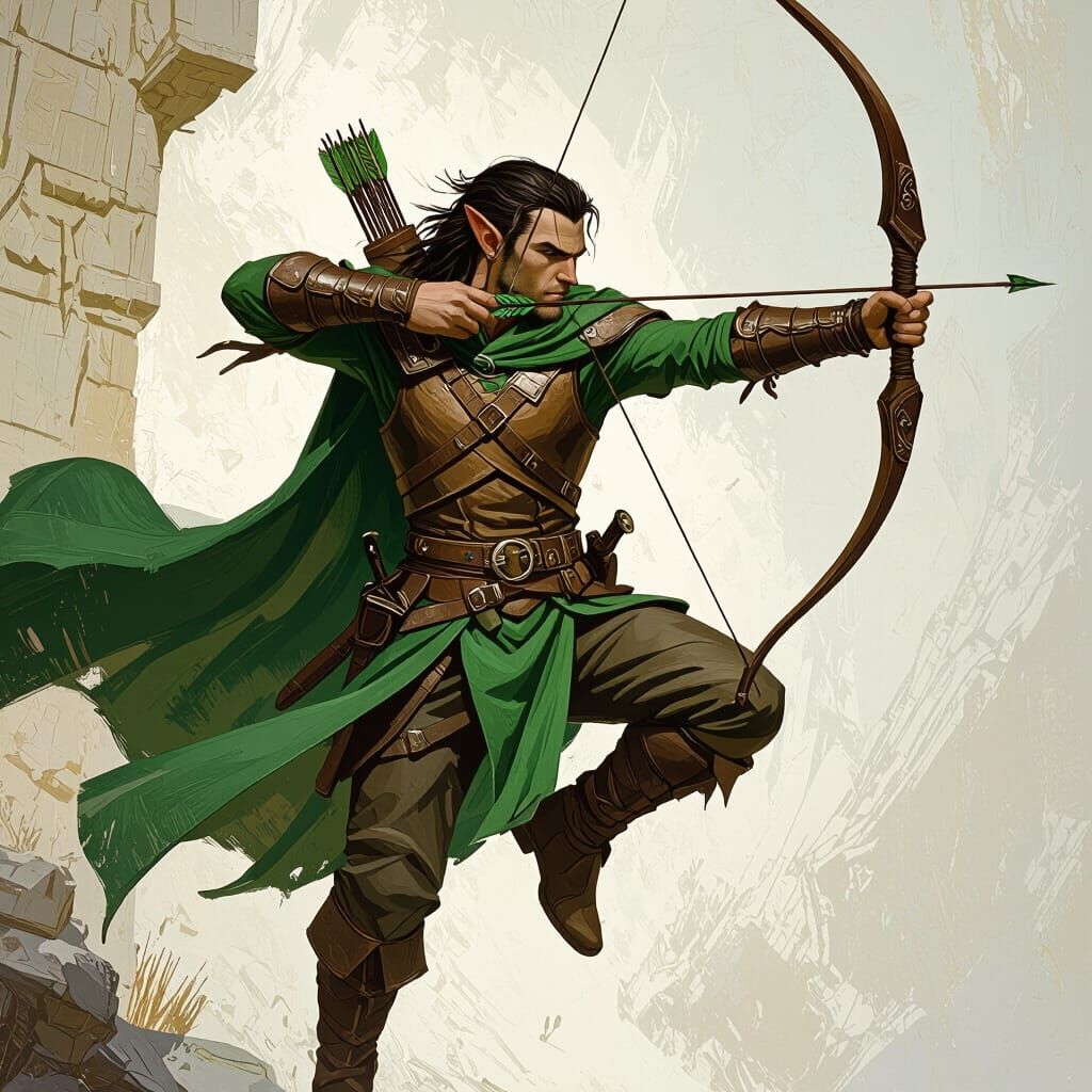 Dynamic Elf Archer Leaping into Action