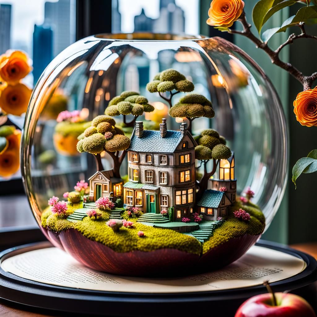 a sphere containing a home in an enchanted forest
