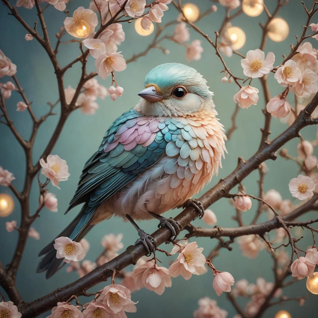 Whimsical Bird on Branch in Surreal Pastel Hues