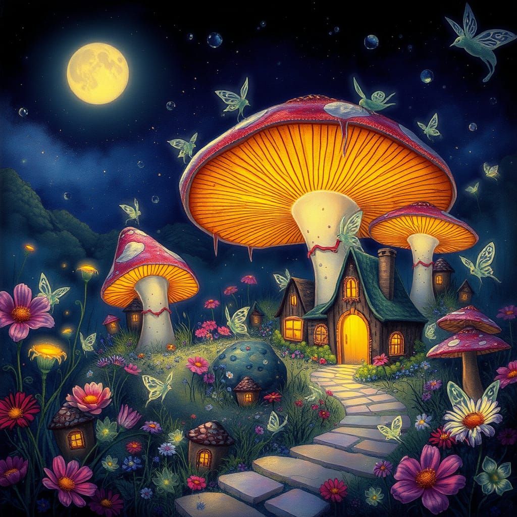 Whimsical Fairy Village With Glowing Homes and Moonlit Mushr...