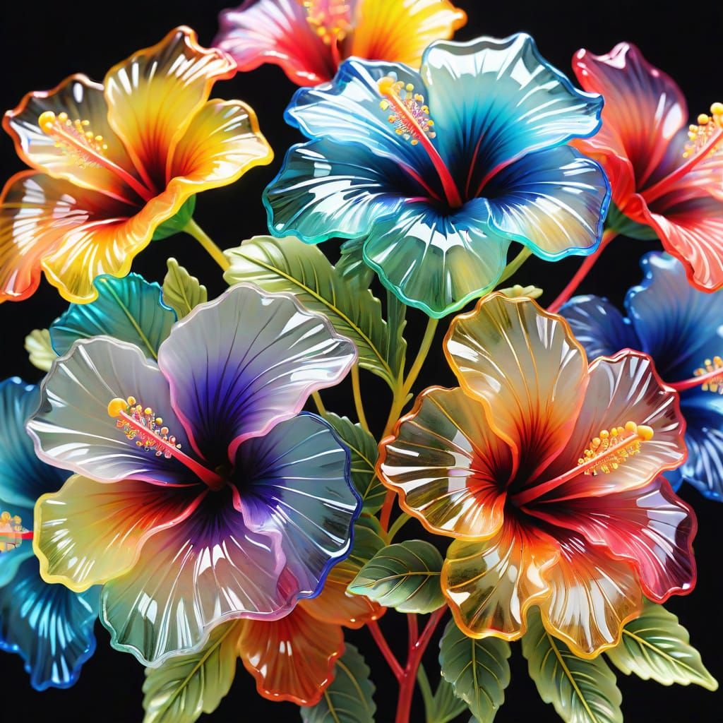 Hyperrealistic Multicolored Crystal Hibiscus Flowers