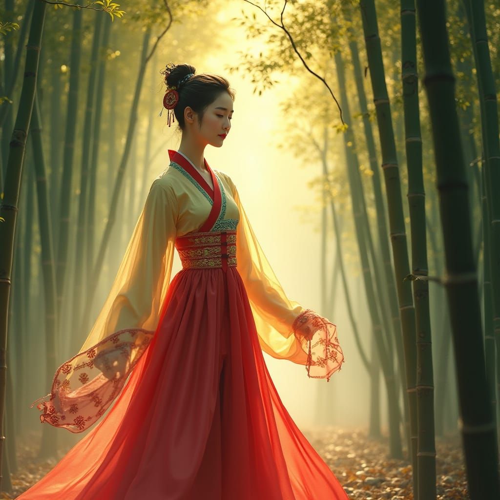 Korean Woman in Hanbok in Bamboo Forest