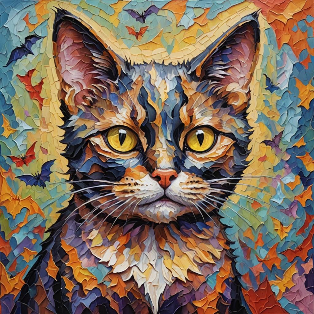 Cat in Bat Costume, Expressionist Oil Painting
