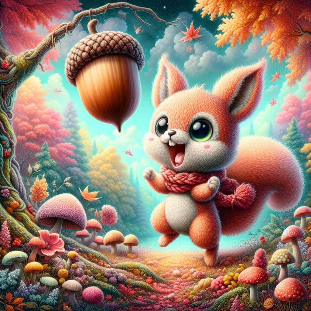 Red Knitted Squirrel Leaps in Surreal Landscape