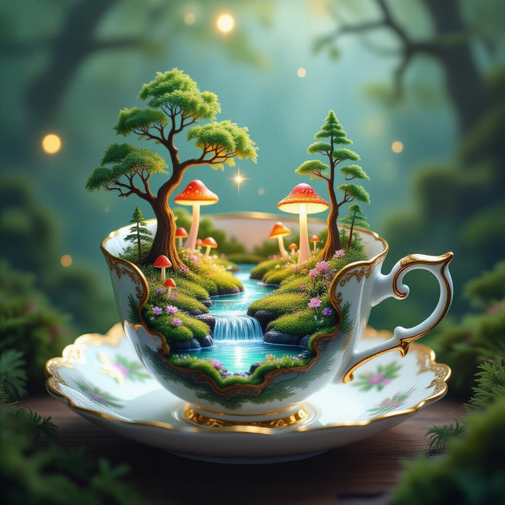 Miniature Forest in Teacup, a Whimsical Scene