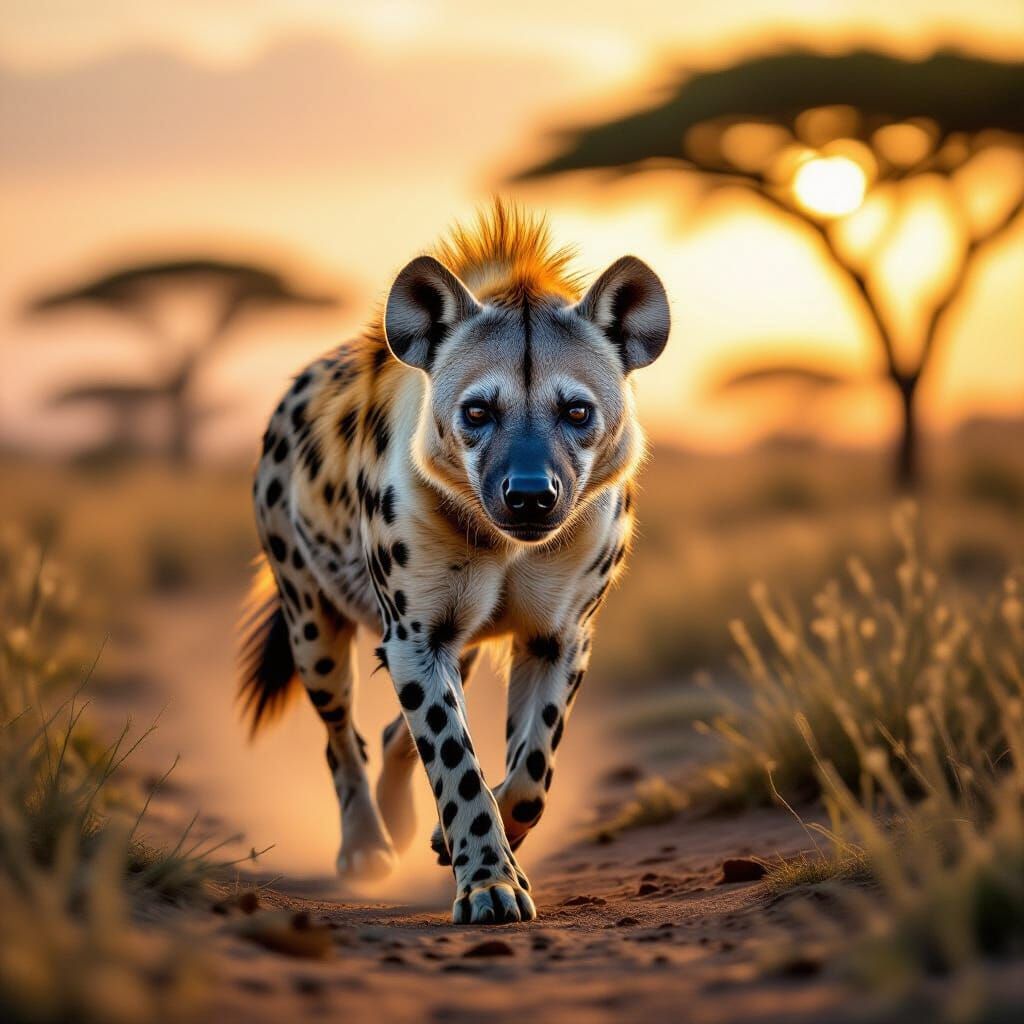 Female Hyena Portrait on African Savannah at Golden Hour