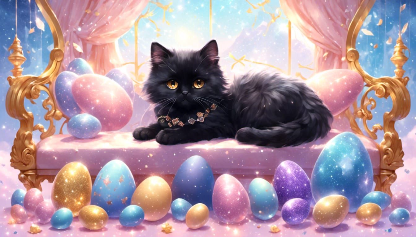<lora:Glitter and Diamonds:1.0> <lora:eye:1.0> cute, fluffy black cat ,chibi cat sitting on a gold bench,easter eggs dia...