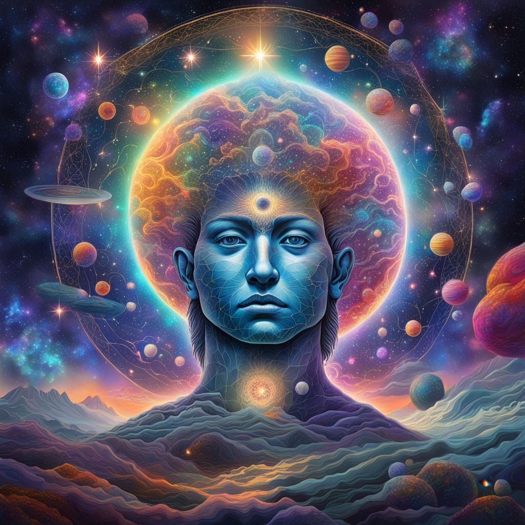 Holographic Cosmic Astral Illustration in Mixed Media