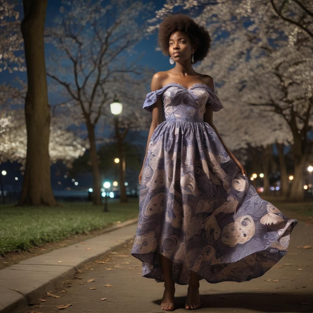 Elegant African Woman in Nighttime Toile Dress with Ocean-In...