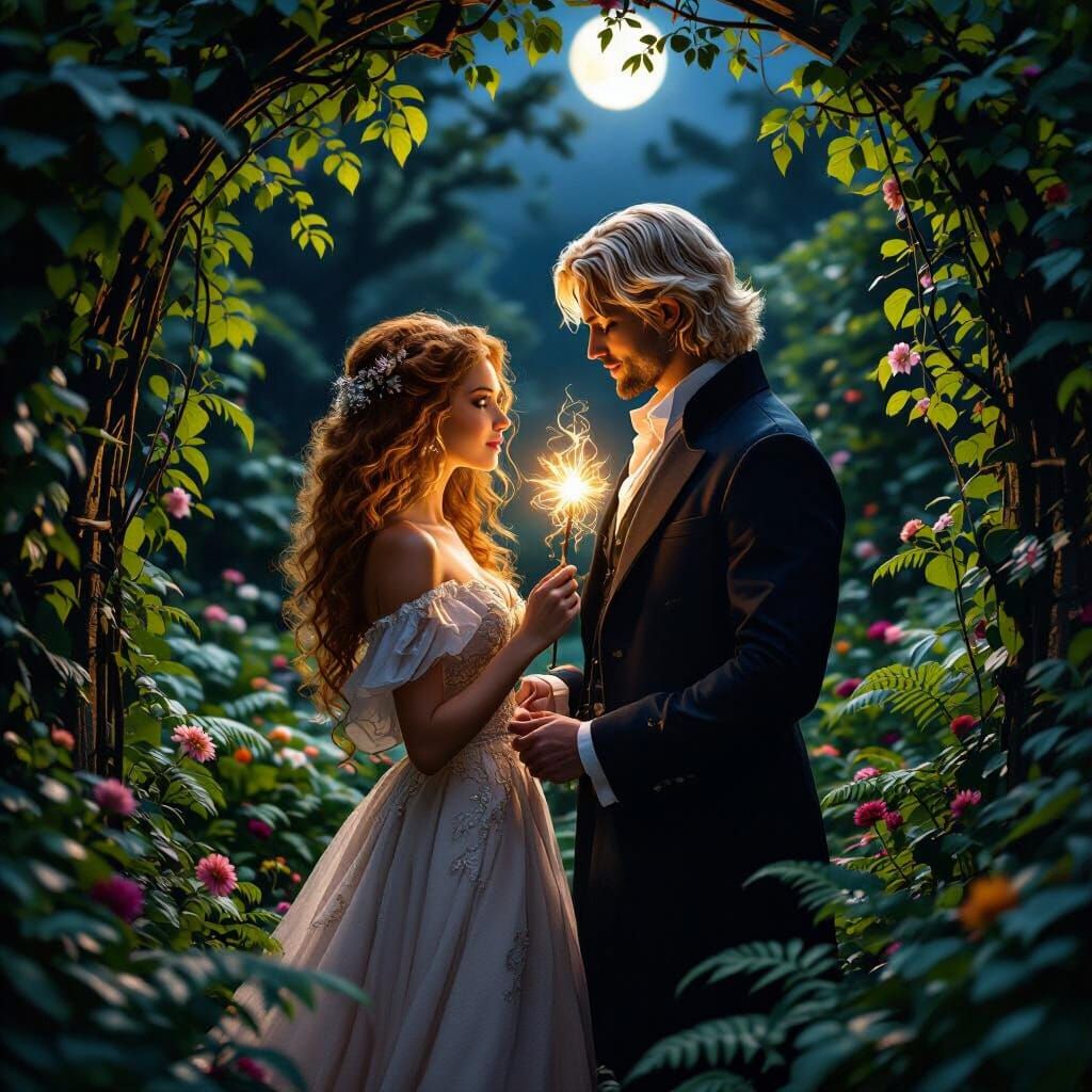 Enchanted Lovers in Moonlit Garden, Pre-Raphaelite Style