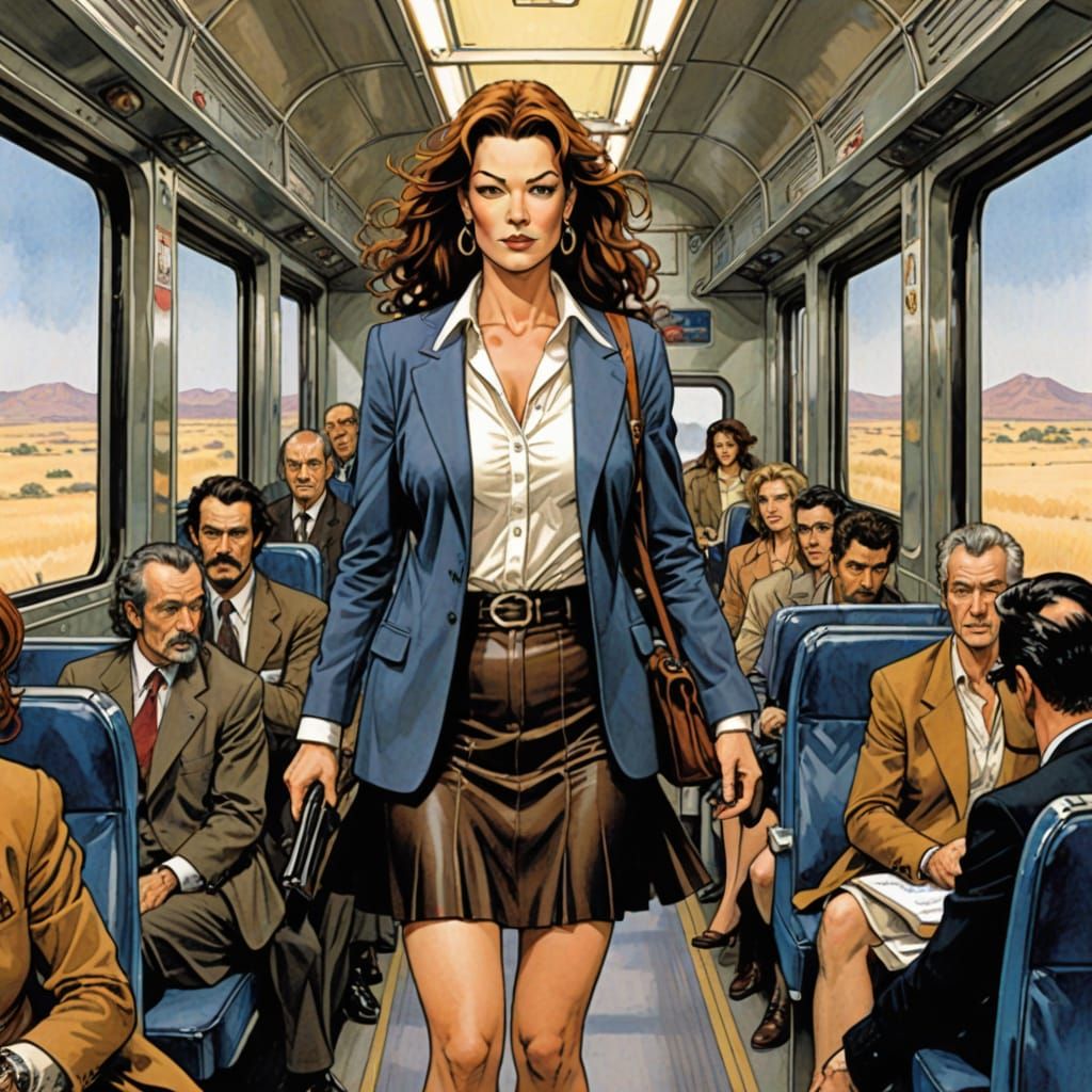 Sultry Comic Art of a Woman in a Miniskirt on a Train