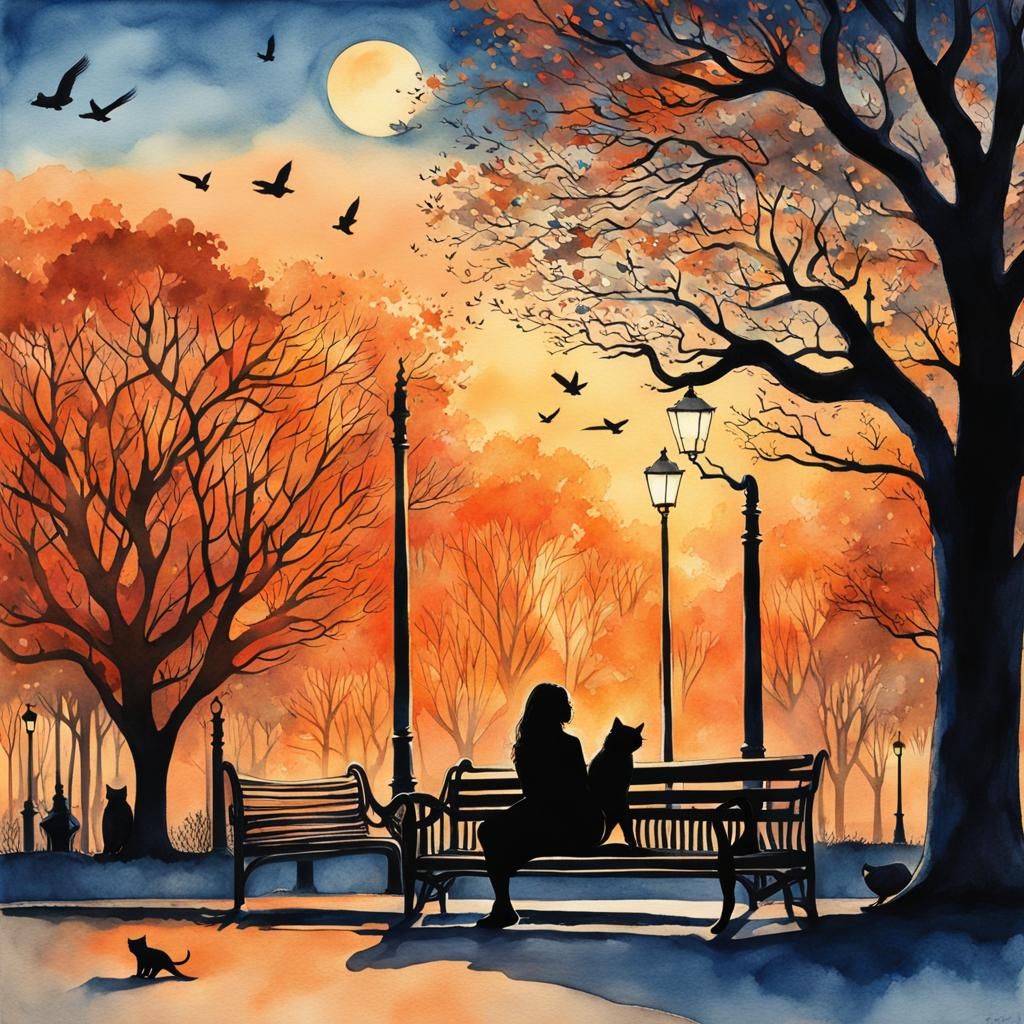 Woman Reading in Park: Stylized Watercolor and Ink