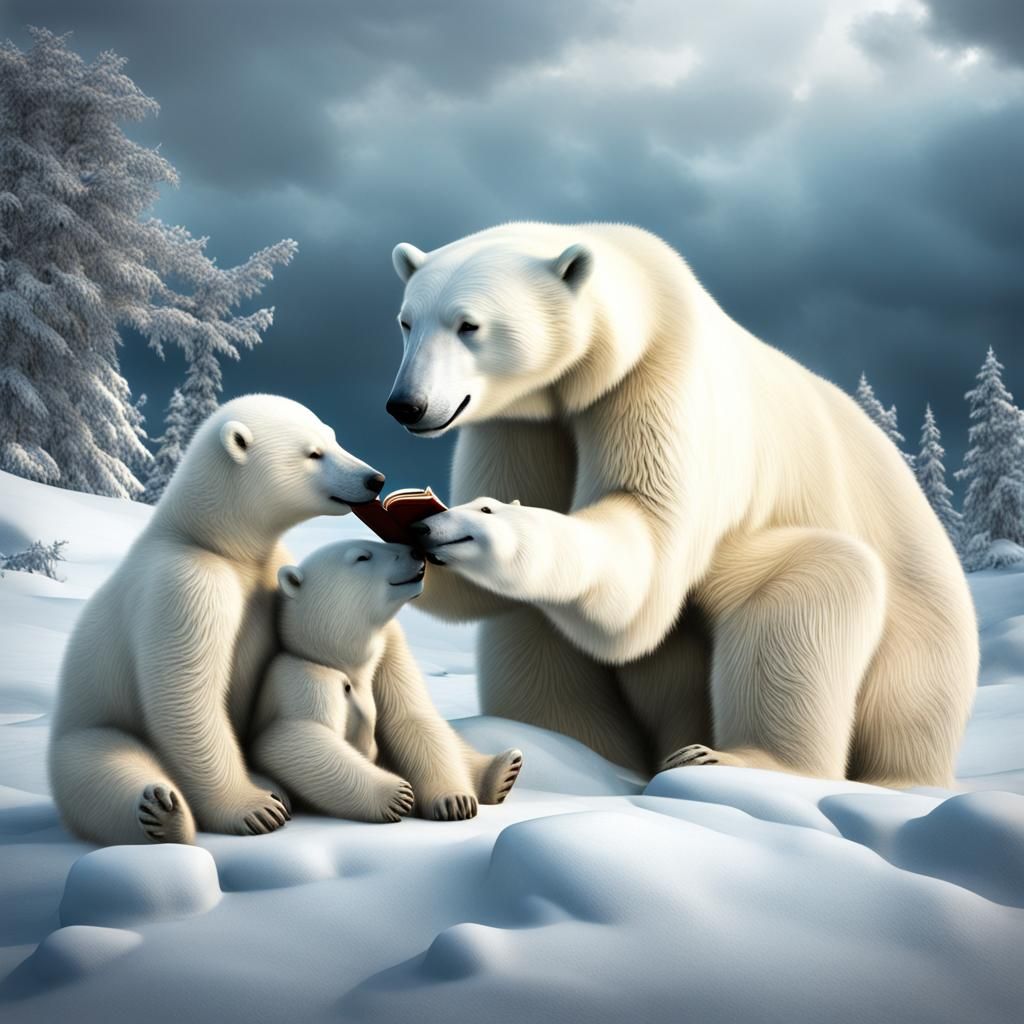 Polar Bear Mama Reads to Cubs