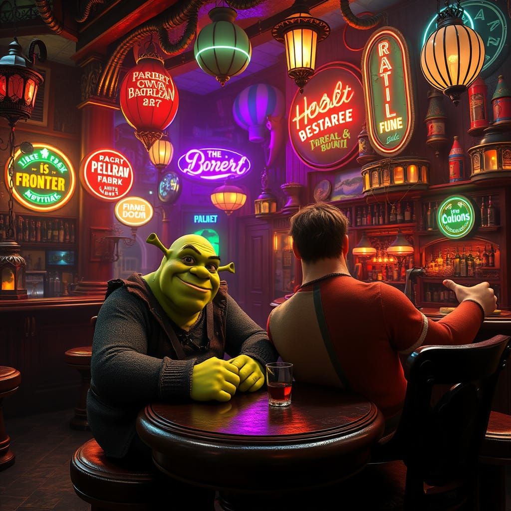 Shrek and Wreck-It Ralph in a Futuristic Tavern