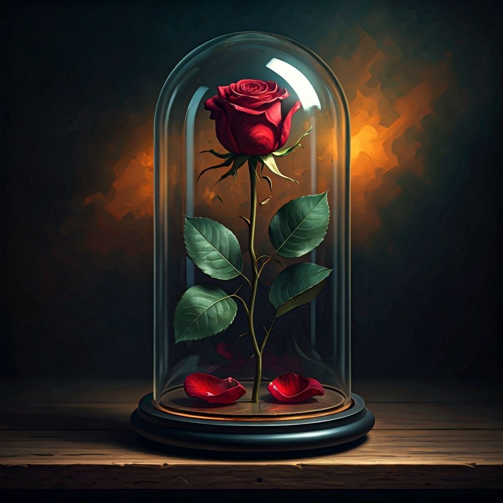 Dying Rose Under Glass Cloche, Hyperrealistic Oil Painting