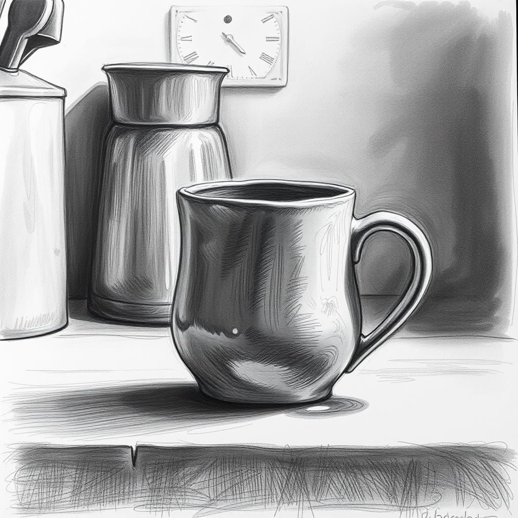 A Misshapen Mug in Charcoal Drawing Style