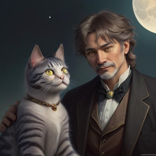 Cat and Man Portrait in Art Nouveau Style