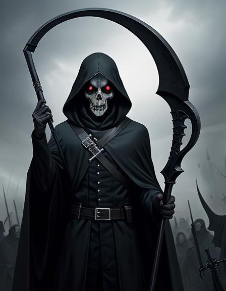 Grim Reaper Close-Up: Death Points His Scythe