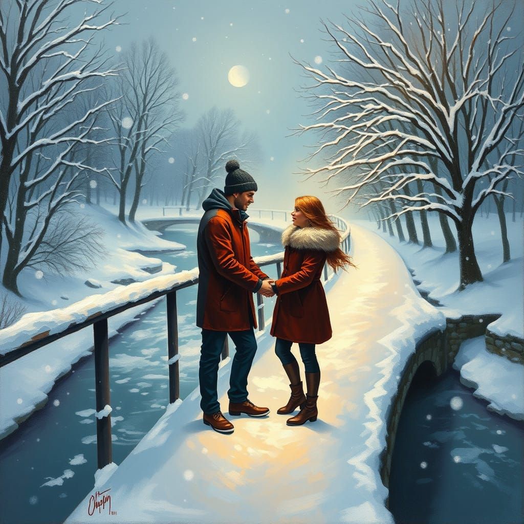Romantic Winter Landscape with Lovers Holding Hands
