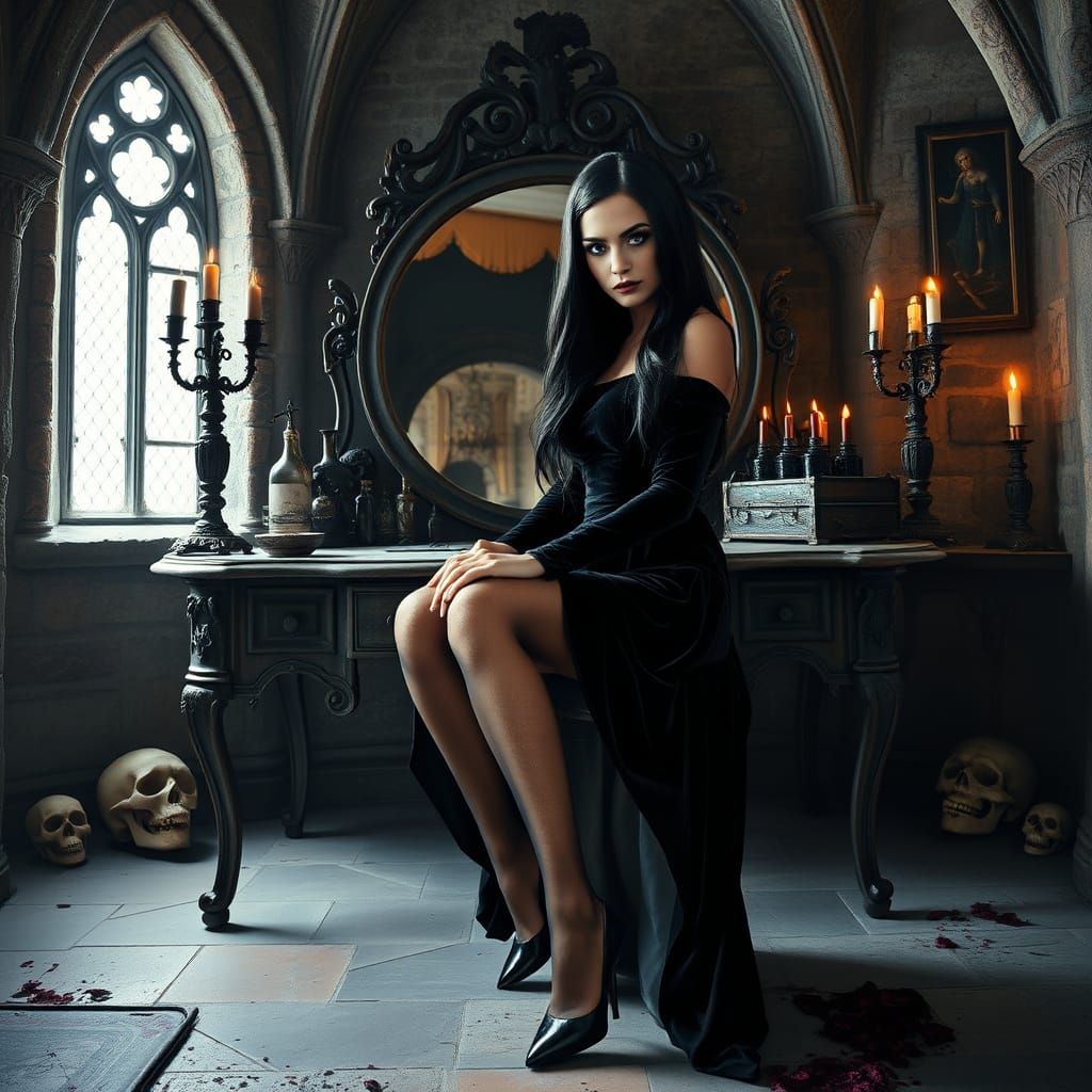 Gothic Sorceress in Haunted Castle, Dark Fantasy Art