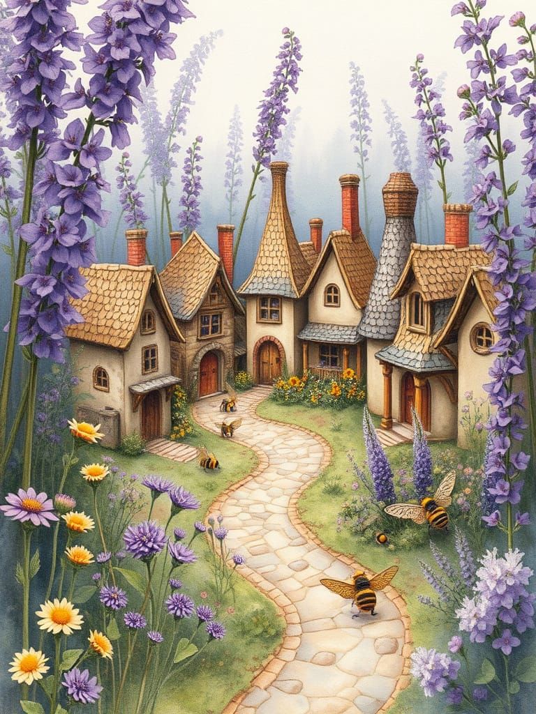 Quaint Village in Floral Garden: Victorian Whimsy