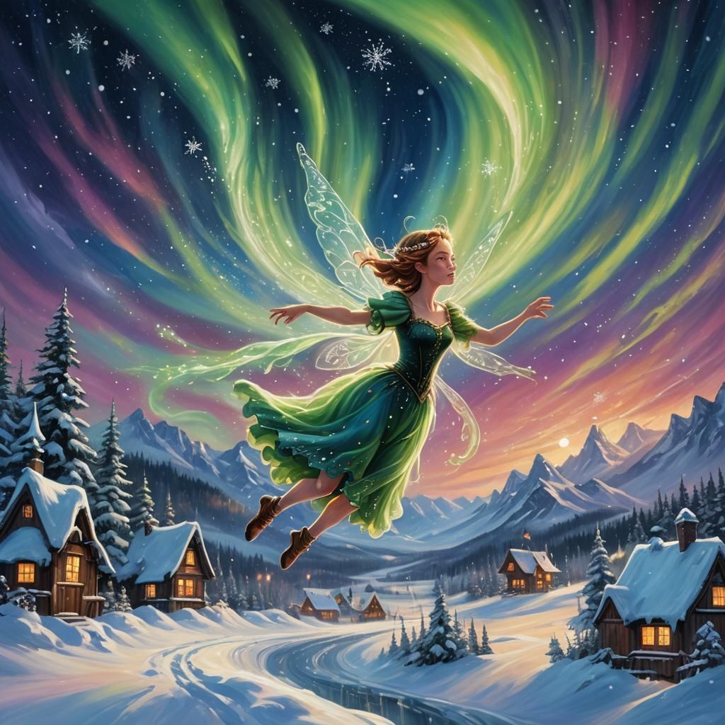 Fairy's Flight Around North Pole in Oil Painting Style