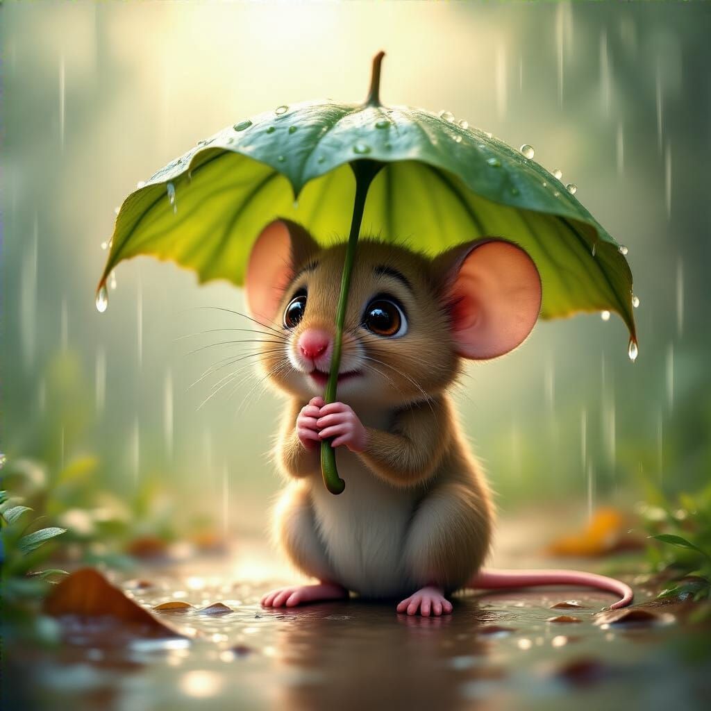 A shy little mouse crouching under a large leaf held above i...