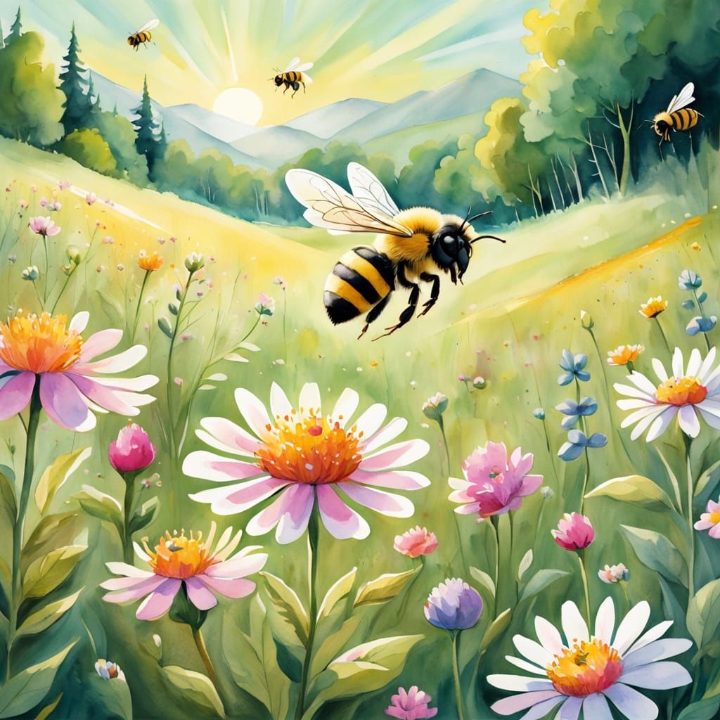 Vibrant Garden Scene in Whimsical Watercolor Style