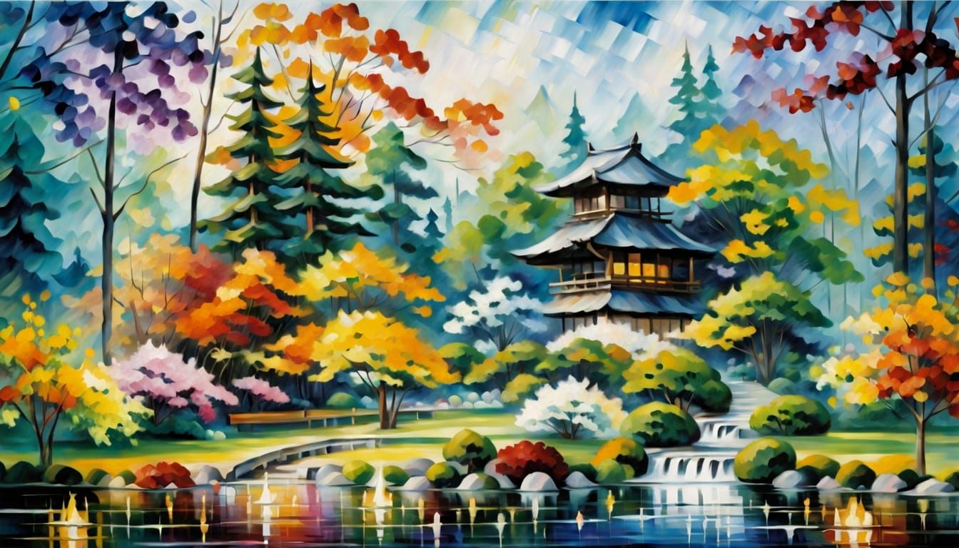 Anime Karate in Japanese Garden, Impasto Style