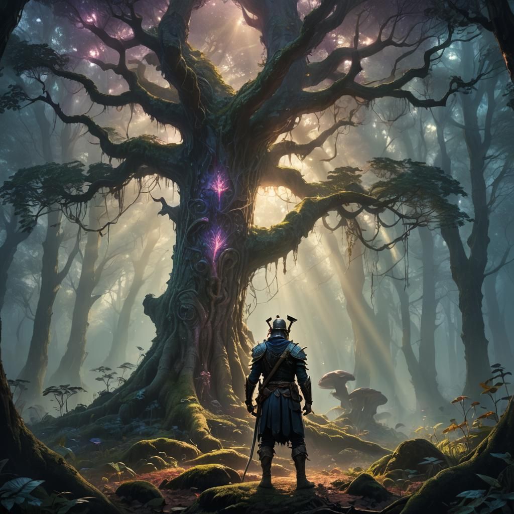 Warrior in Mystical Forest with Ancient Tree