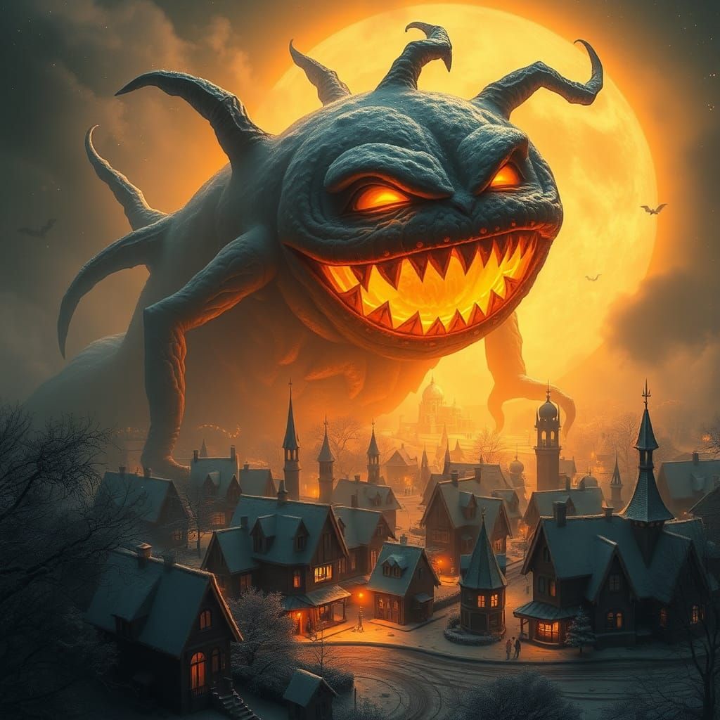 Mutant Halloween Pumpkin Over Sleeping Town