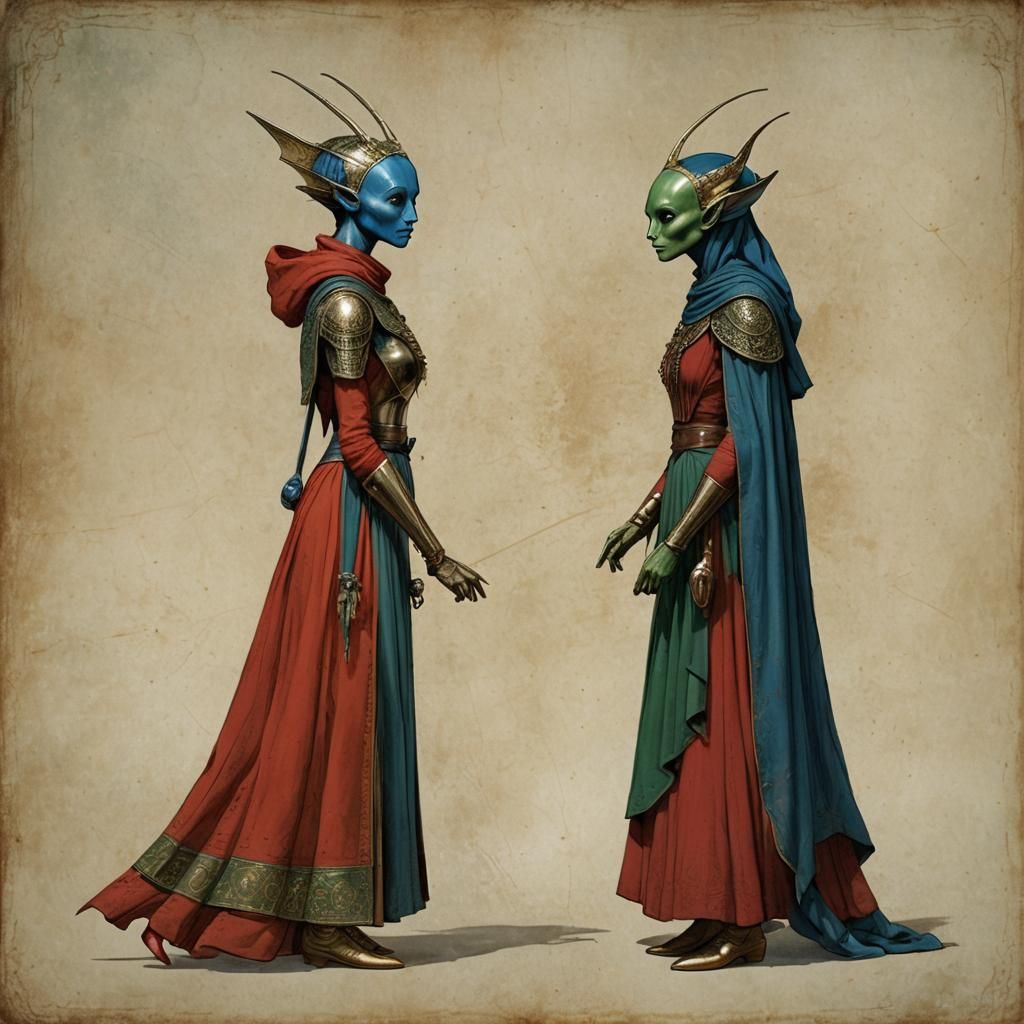 two alien women in profile, long, thin and blue, like in Sta...
