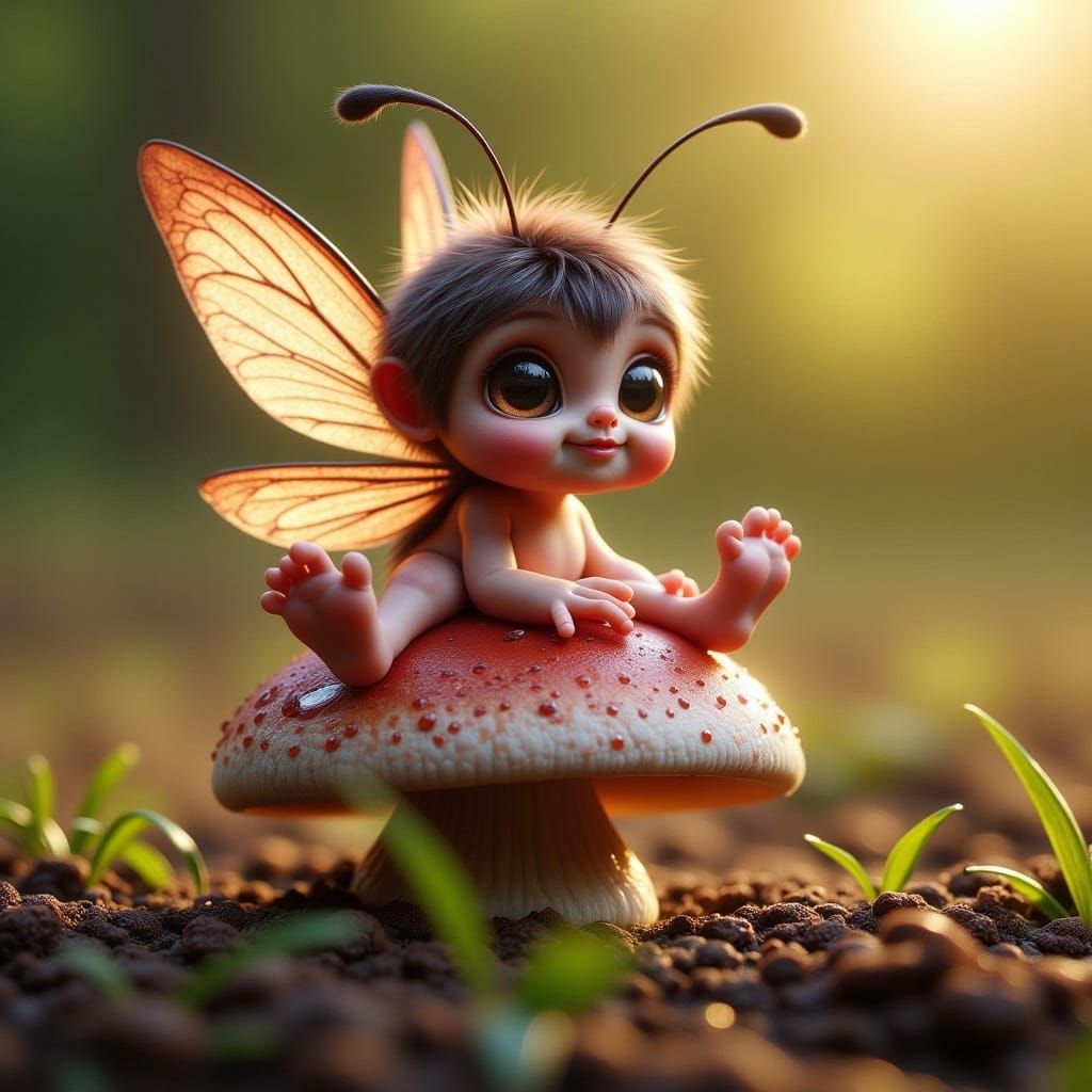Macro Fairy on Mushroom in Morning Light