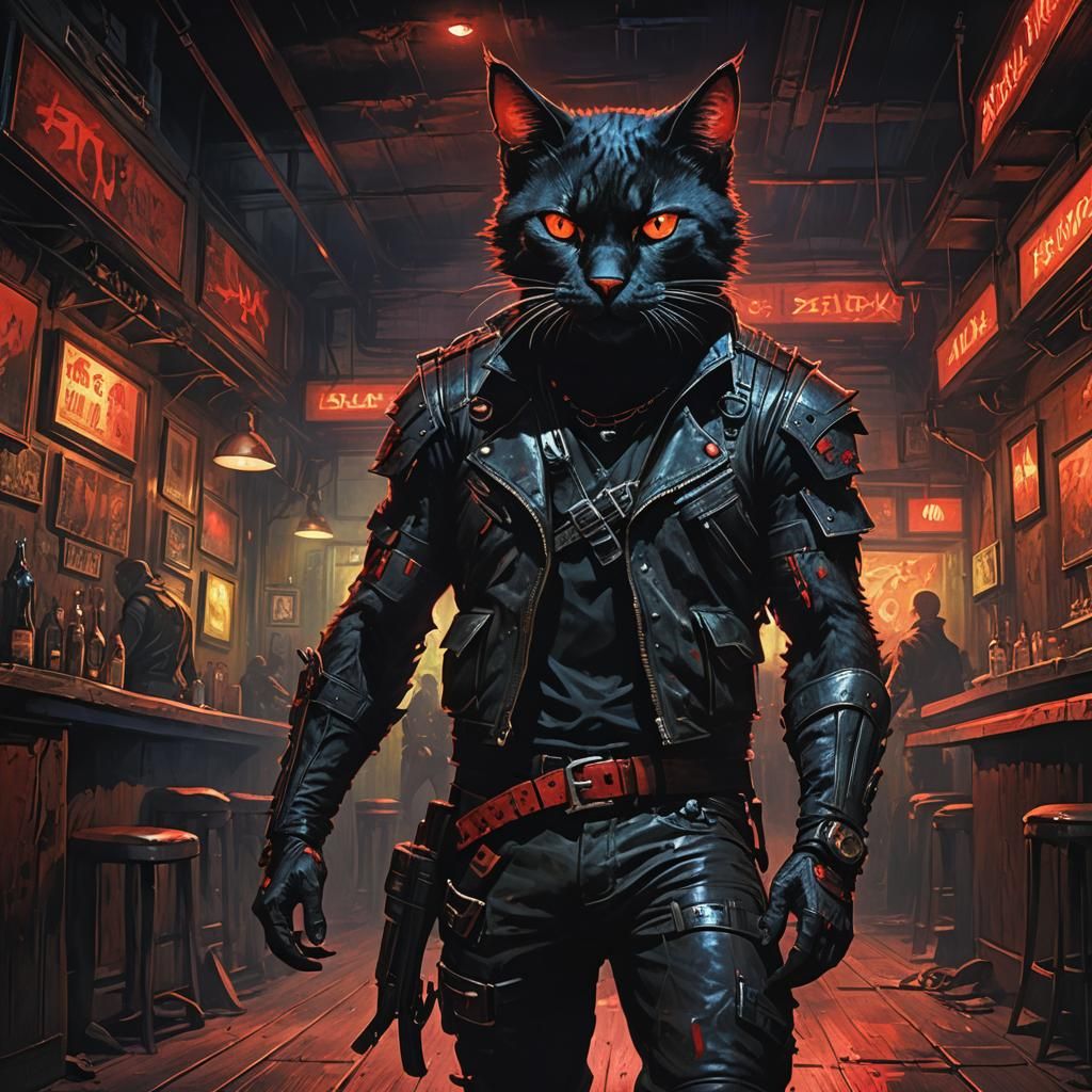 Feline Bounty Hunter in Dark Fantasy Art Nouveau