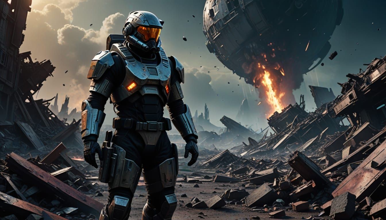 Cyberpunk Space Commander Amidst Destruction