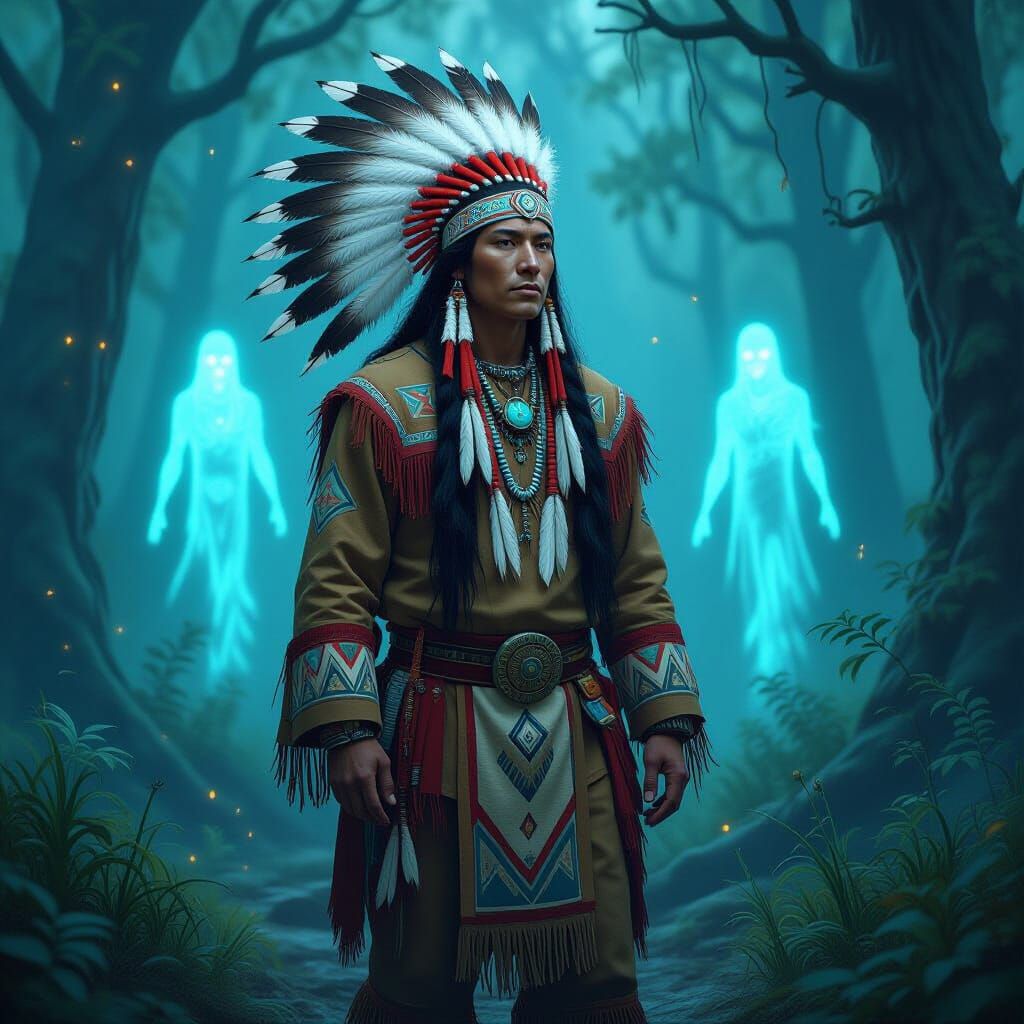 Mystical Native American Shaman in Forest