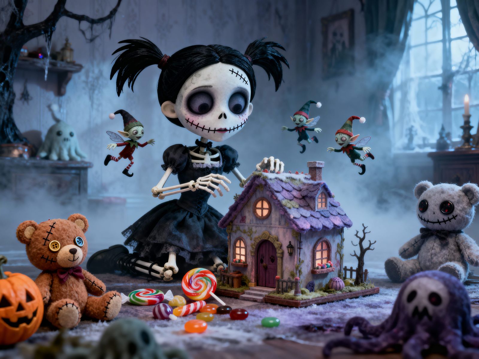 Skeleton Girl with Zombie Elves in Gothic Romance Style