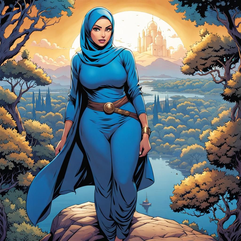 Curvy Hijabi Woman in Blue Comic Book Art