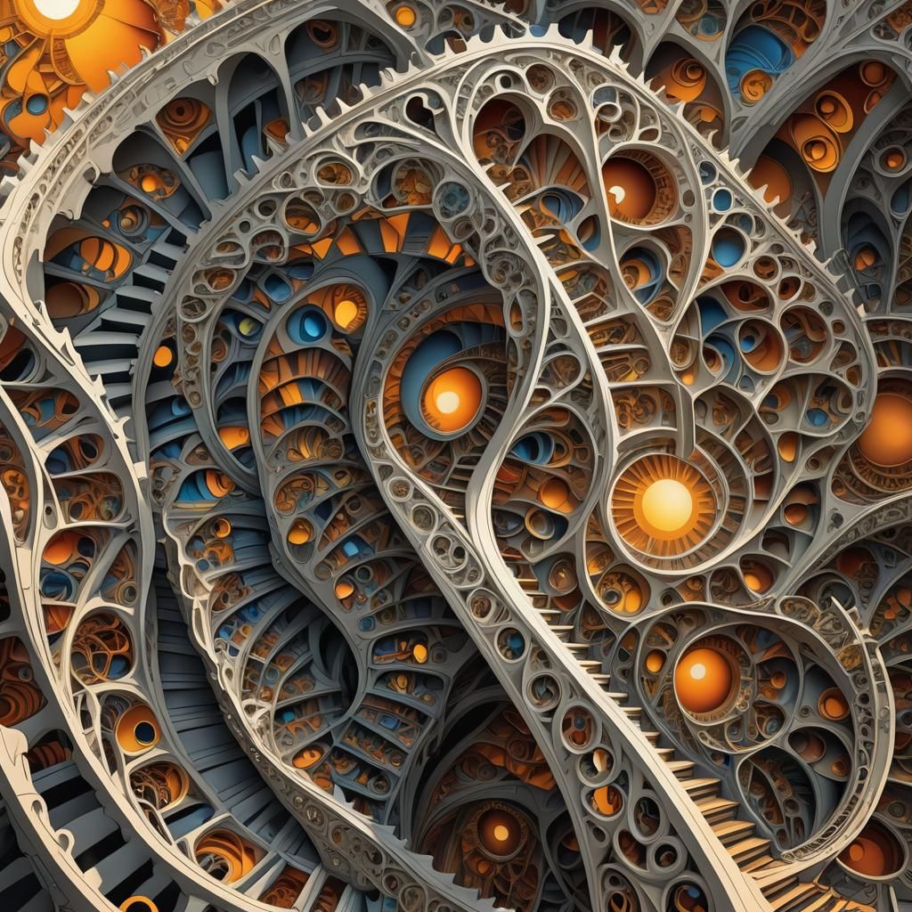 Infinite Staircase Ascends to Blinding Sun in Vibrant, Fract...