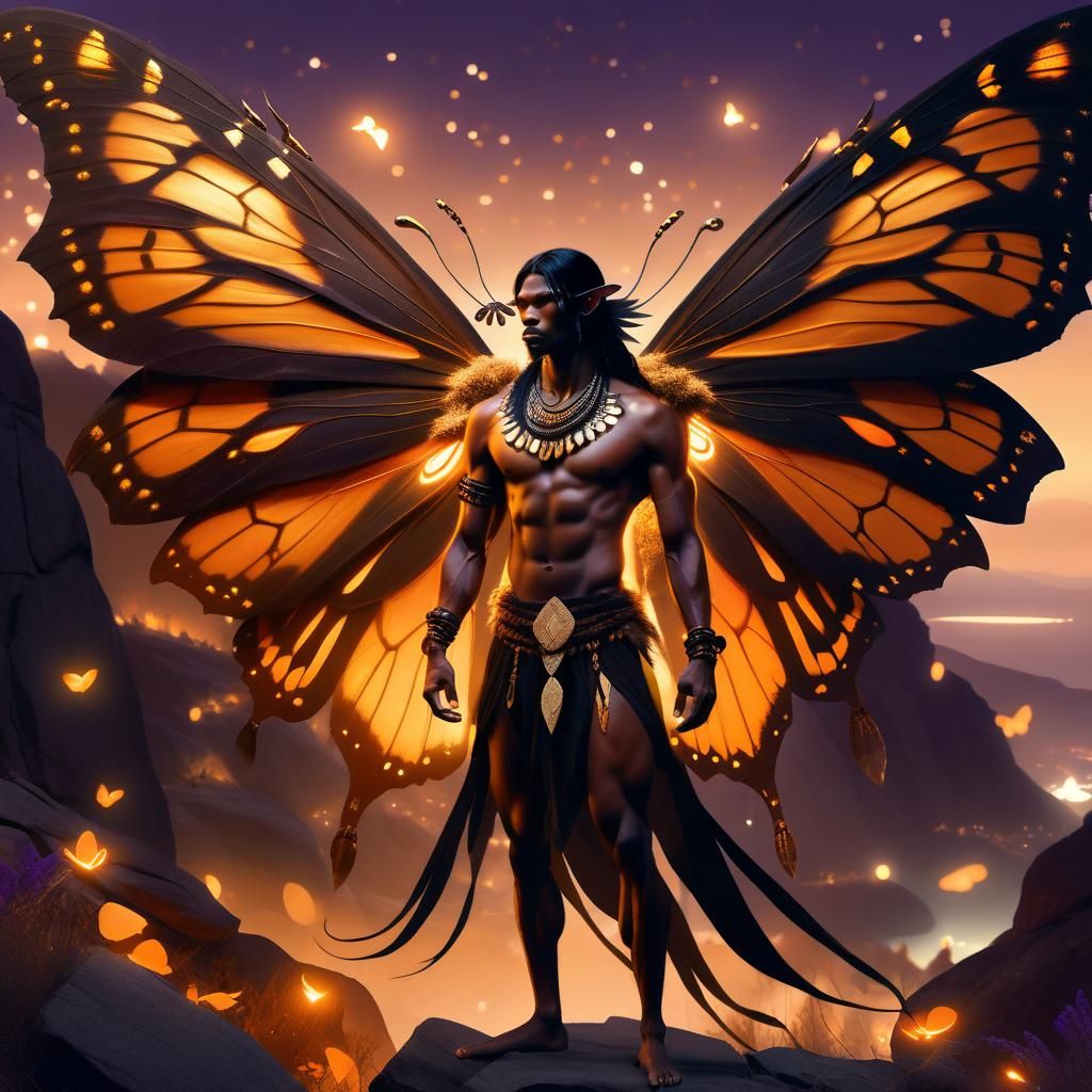 Moth-Winged Fairy Man in Rocky Landscape