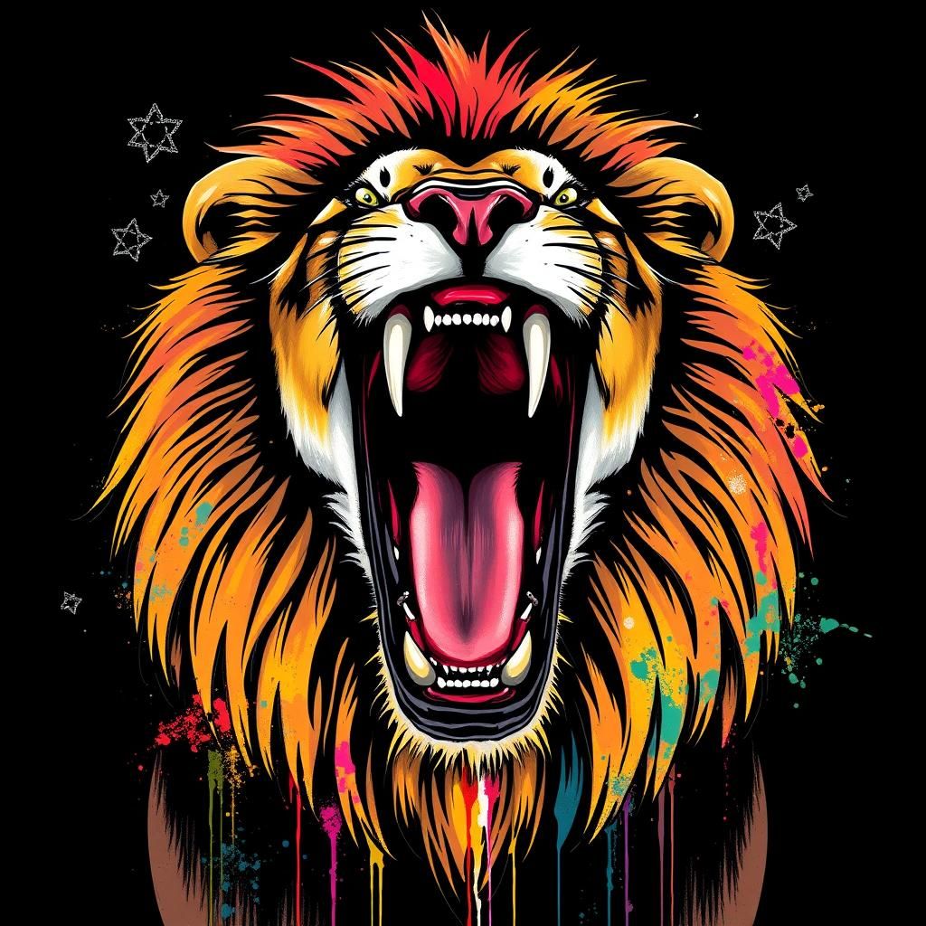 Majestic Lion's Fierce Scream in Graffiti Art Style