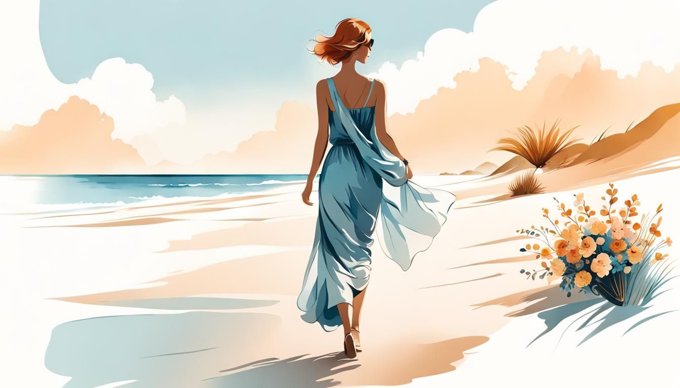 Minimalist Sketch of Woman on Beach at Golden Hour