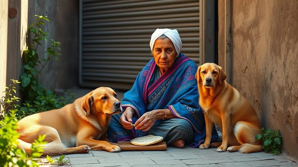 Elderly Woman Surrounded by Loyal Companions in Traditional ...