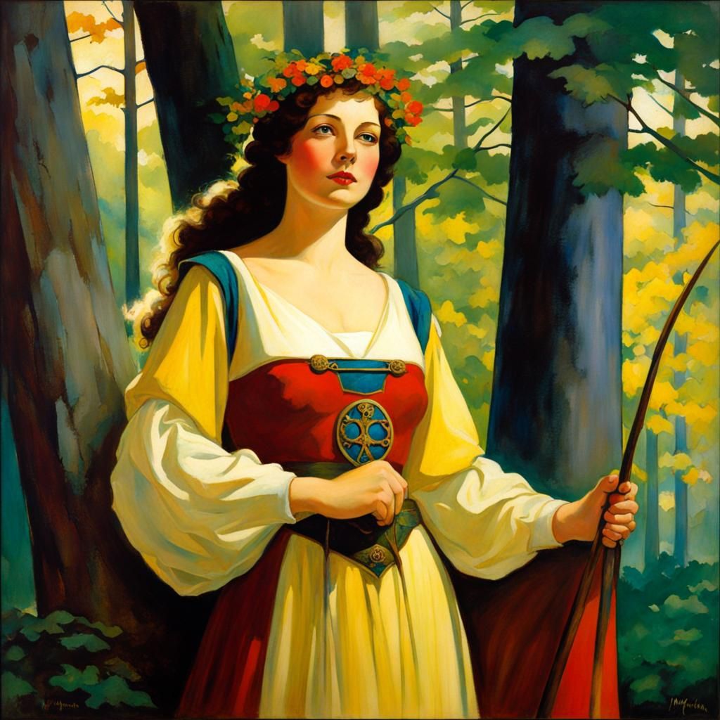 Medieval Maiden in Forest, Golden Age Illustration